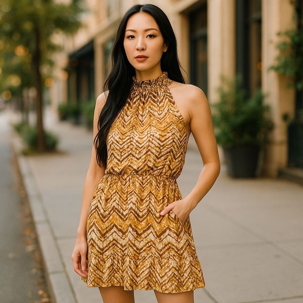 Sleeveless shell XL with mock neck, geometric print of browns, light to dark.